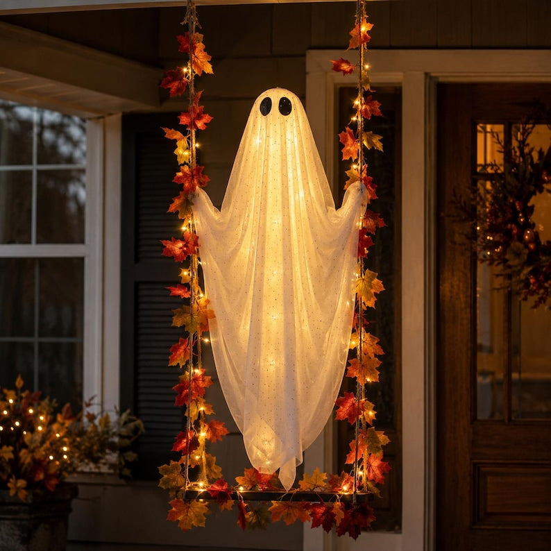 Lighted Halloween Ghost Swing Decor, Hanging Porch Ghost Decoration, Spooky Autumn Decor, 3 Sizes