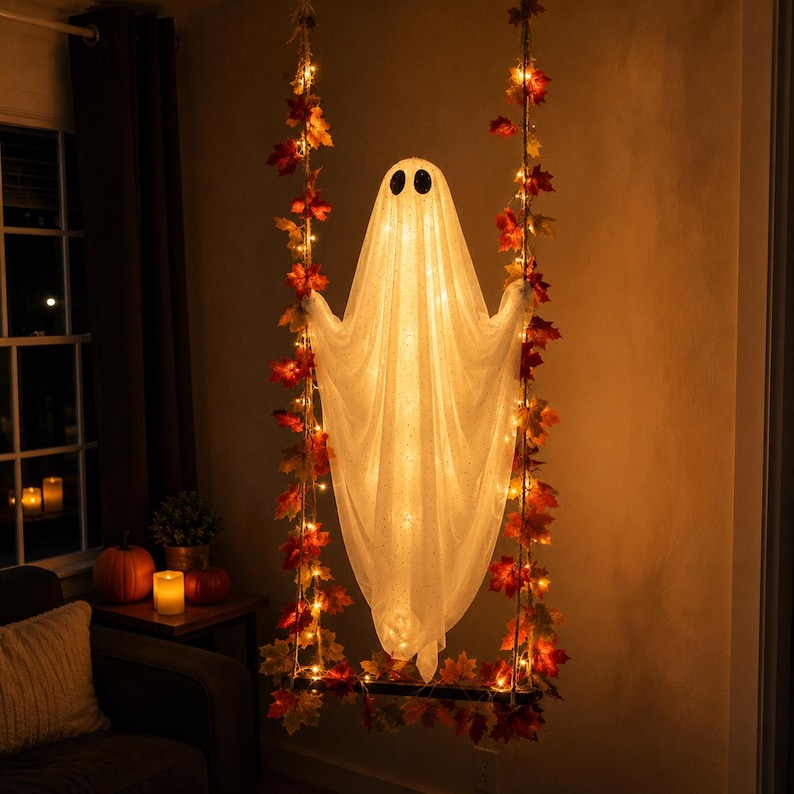 Lighted Halloween Ghost Swing Decor, Hanging Porch Ghost Decoration, Spooky Autumn Decor, 3 Sizes
