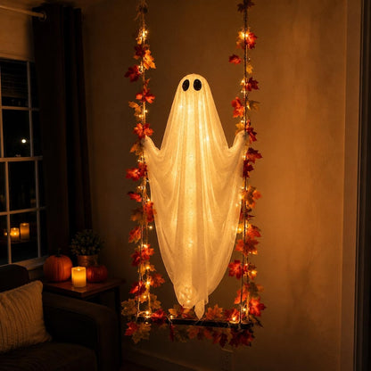Lighted Halloween Ghost Swing Decor, Hanging Porch Ghost Decoration, Spooky Autumn Decor, 3 Sizes