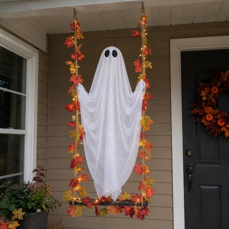 Lighted Halloween Ghost Swing Decor, Hanging Porch Ghost Decoration, Spooky Autumn Decor, 3 Sizes