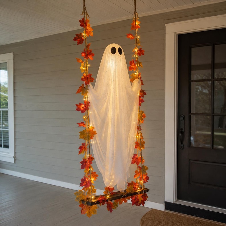 Lighted Halloween Ghost Swing Decor, Hanging Porch Ghost Decoration, Spooky Autumn Decor, 3 Sizes