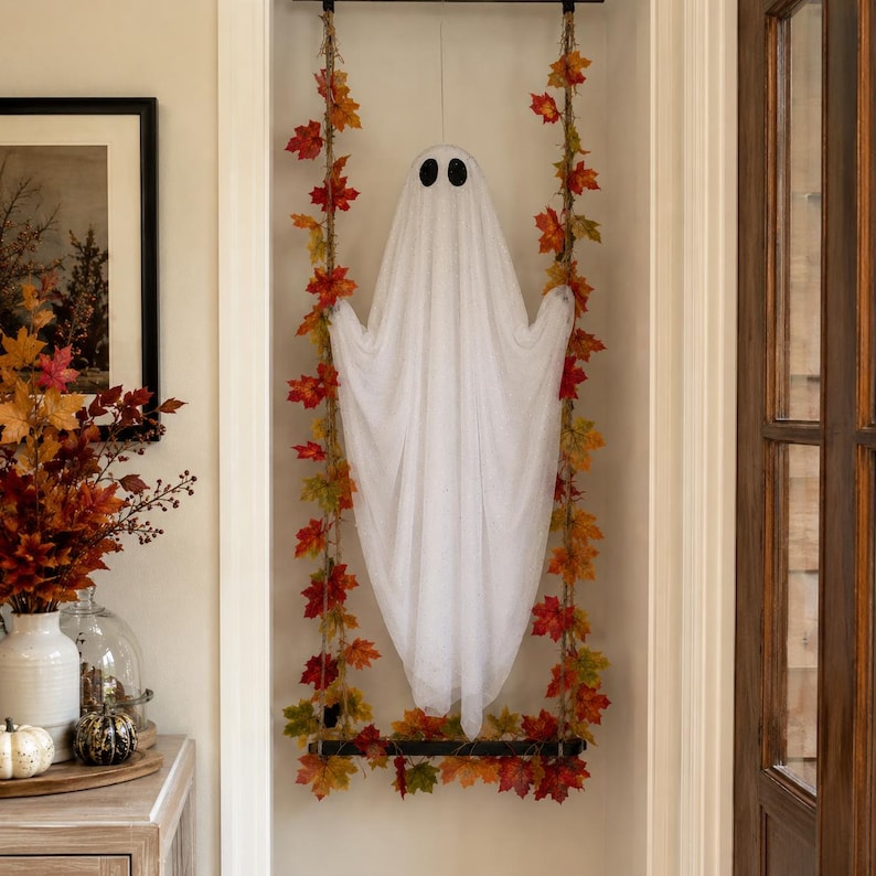 Lighted Halloween Ghost Swing Decor, Hanging Porch Ghost Decoration, Spooky Autumn Decor, 3 Sizes
