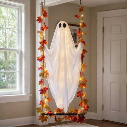 Lighted Halloween Ghost Swing Decor, Hanging Porch Ghost Decoration, Spooky Autumn Decor, 3 Sizes
