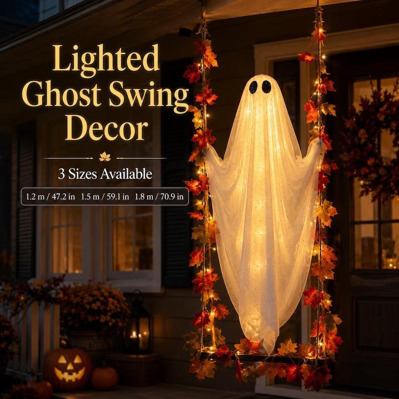 Lighted Halloween Ghost Swing Decor, Hanging Porch Ghost Decoration, Spooky Autumn Decor, 3 Sizes