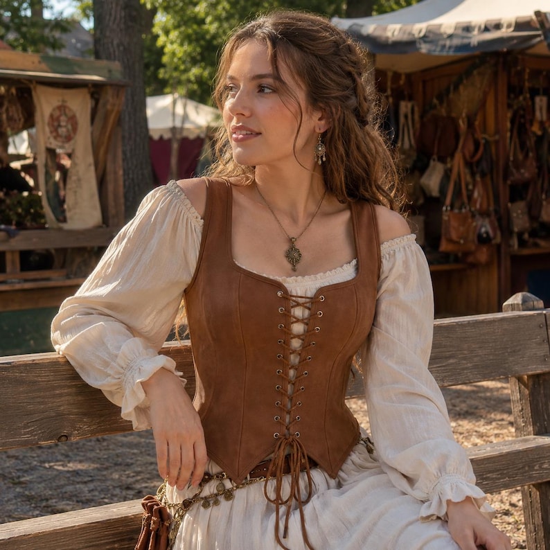 Viking Corset Vest – Dark Brown Medieval Pirate Bustier Top for Women