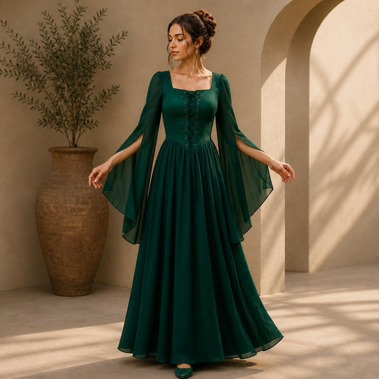 Forest Green Renaissance Dress, Fairy Cottagecore Corset Gown, Medieval Fantasy Dress, Victorian Renaissance Fair Costume