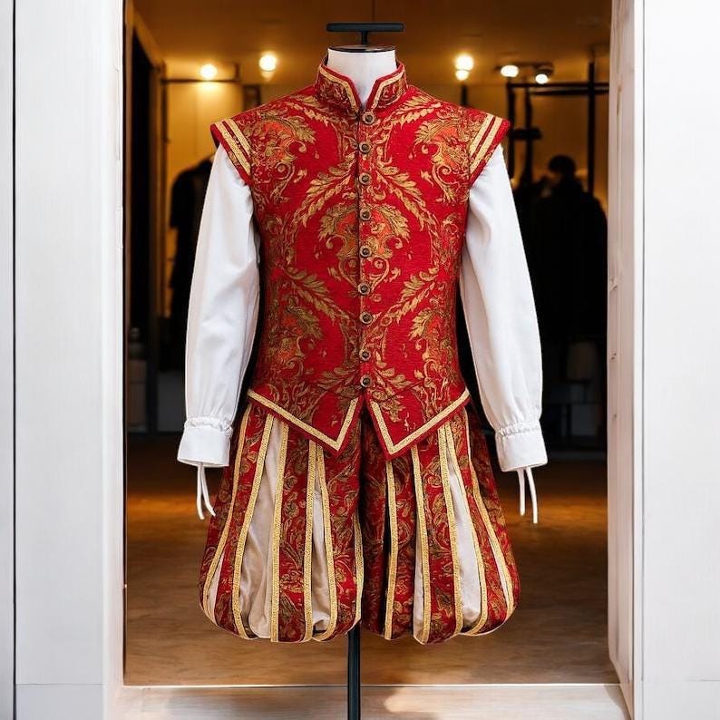 Renaissance Noble Costume Set, Tudor Embroidered Vest and Pants, Medieval Prince Outfit, Elizabethan Cosplay Clothing, LARP Royal Costume