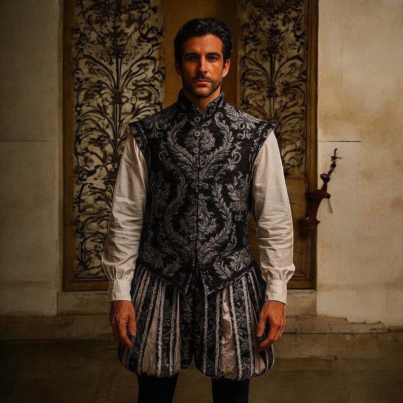 Renaissance Noble Costume Set, Tudor Embroidered Vest and Pants, Medieval Prince Outfit, Elizabethan Cosplay Clothing, LARP Royal Costume