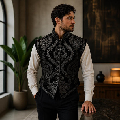 Men’s Renaissance Brocade Vest, Tudor Pirate Jerkin, Elizabethan Waistcoat, Medieval Baroque Costume Vest for Men