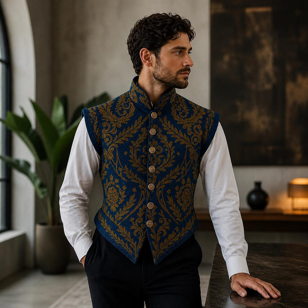 Men’s Renaissance Brocade Vest, Tudor Pirate Jerkin, Elizabethan Waistcoat, Medieval Baroque Costume Vest for Men