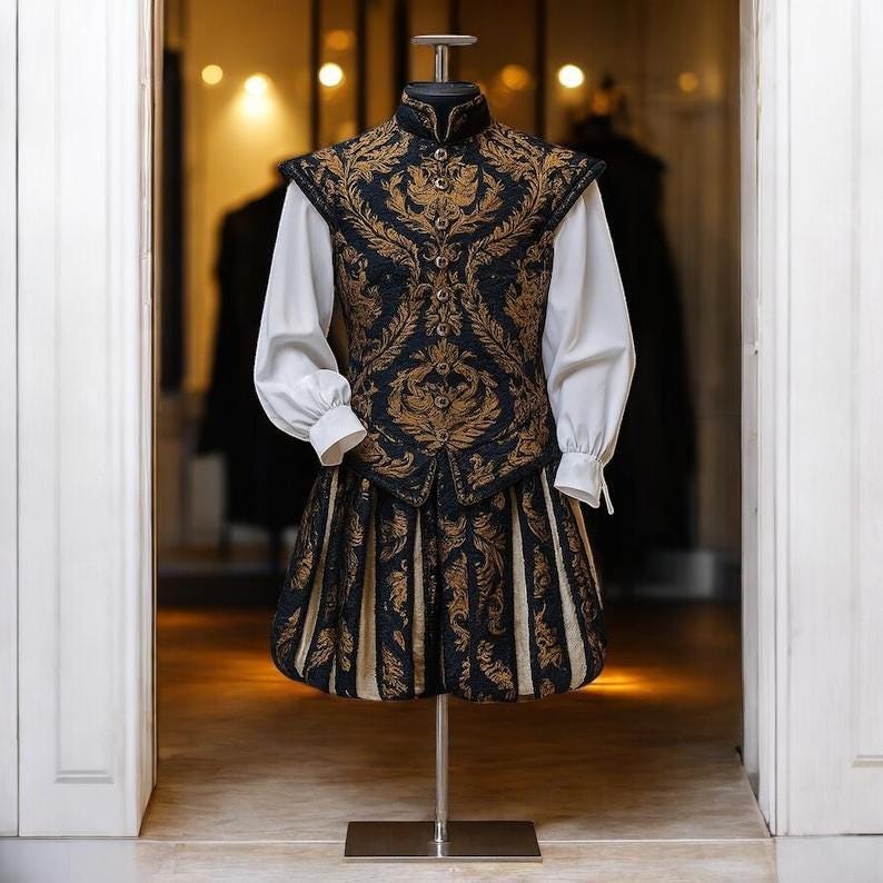 Renaissance Noble Costume Set, Tudor Embroidered Vest and Pants, Medieval Prince Outfit, Elizabethan Cosplay Clothing, LARP Royal Costume